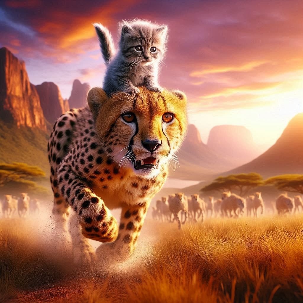 A Kitty on top of a Cheetah