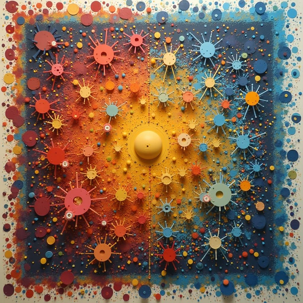 Children Playing on Green Hills, Neo-Illustration