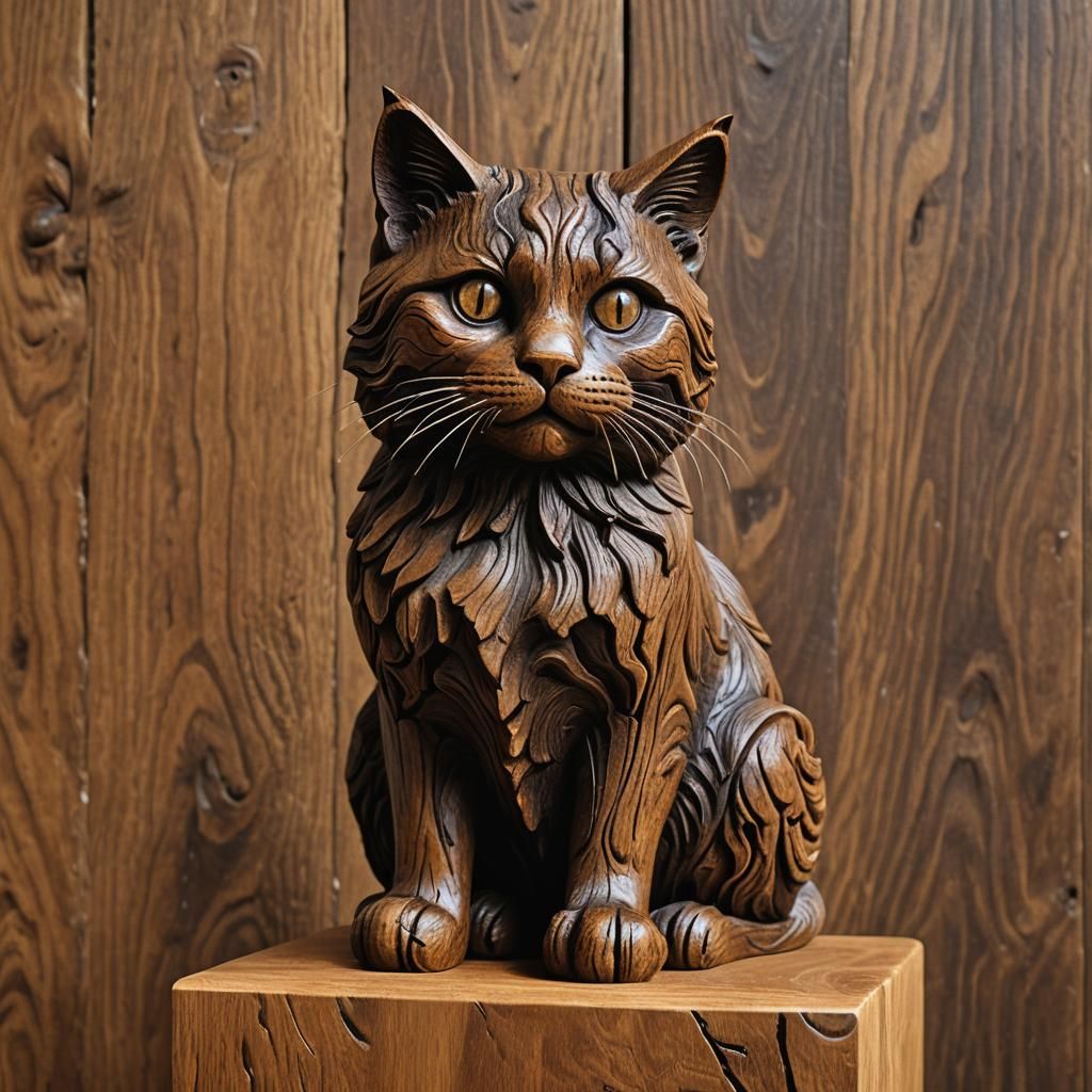 wood carving of a cute fluffy cat in dark oak wood   by @Alden