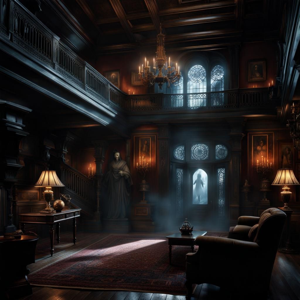 Spooky Myst figure Inside the haunted house, Ghost scene, Epic cinematic brilliant stunning intricate ...  by @Andrachiel