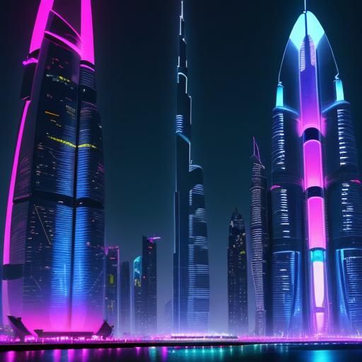 Burj Khalifa in night neon colors and glowing AI Generated Artwork