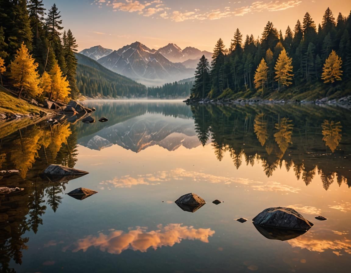 A calm and crystal lake in solitude sunset, incredible nature