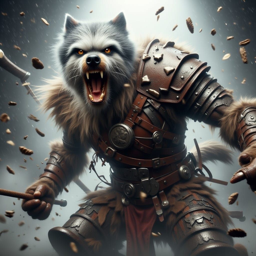  <lora:Battle Animals Flux:1.0> Anthropomorphic Battle Animal Dog