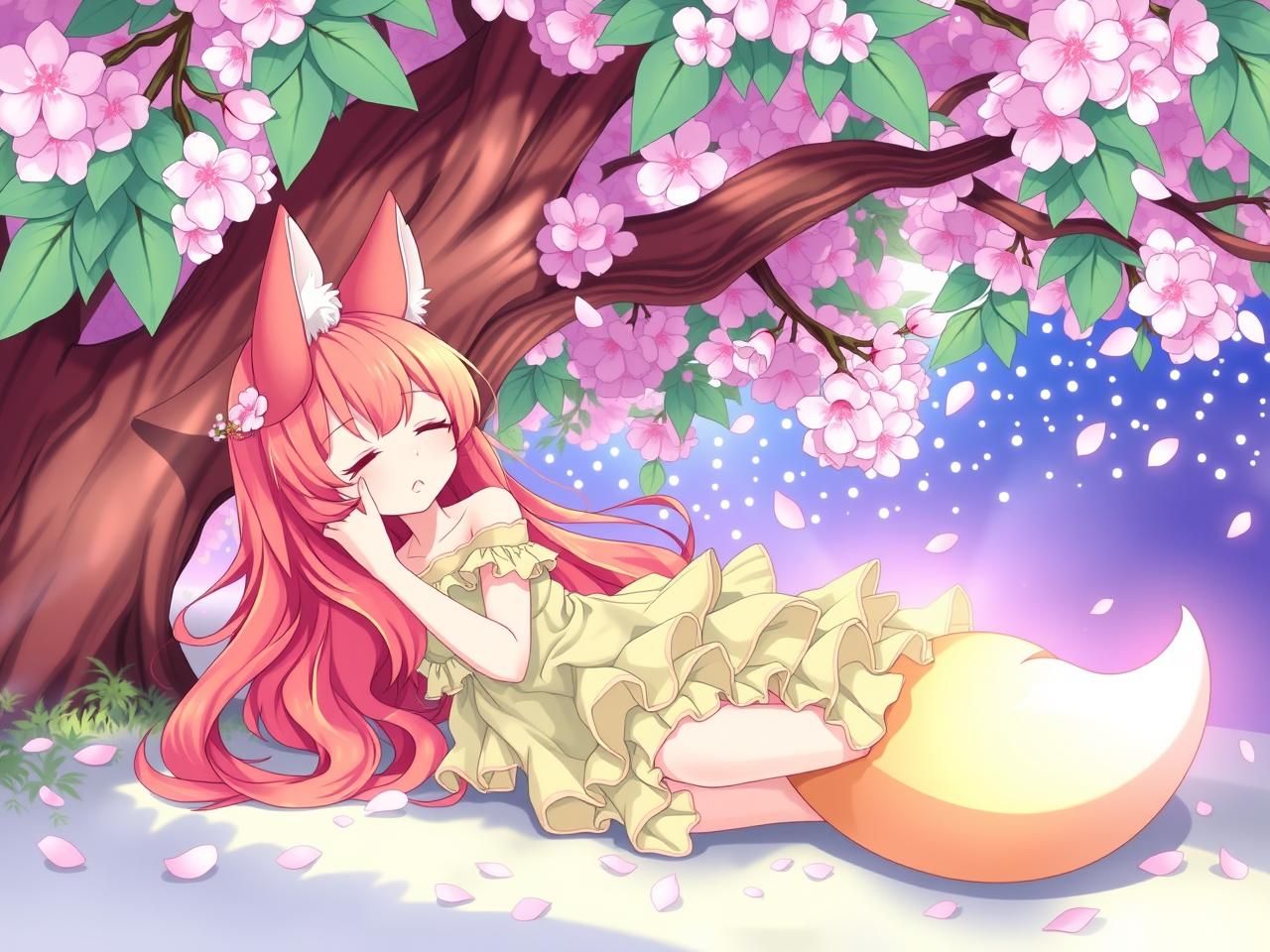 Fox Akane under the sakura tree