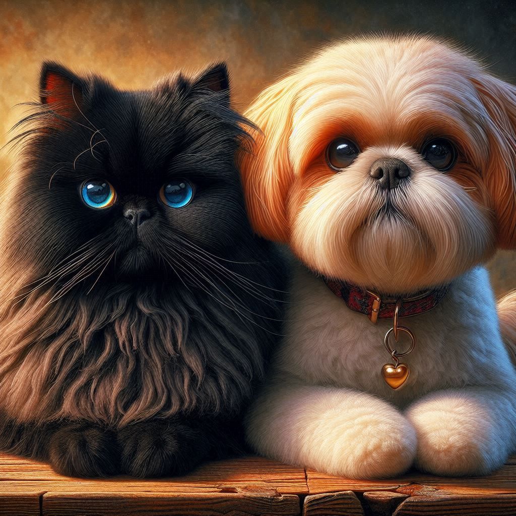 Cute Shih-Tzu Dog and Persian Kitten Friend