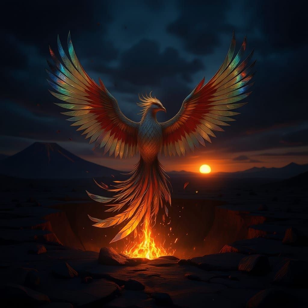A majestic phoenix, its feathers crafted from shimmering iridescent glass shards, emerges from a volcanic crater. The surrounding landscape ...
