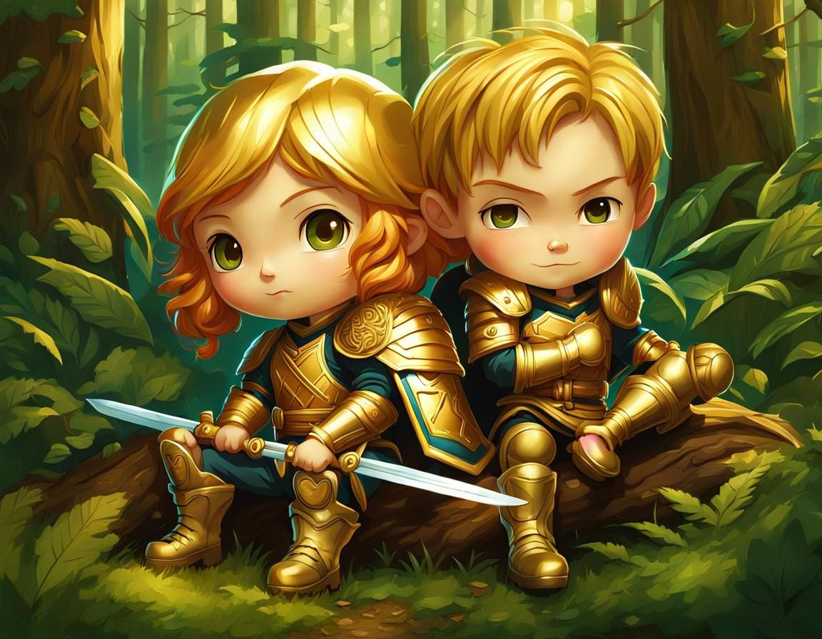 CHIBI fighter COUPLE RESTING; forest; golden outlines; fanta...