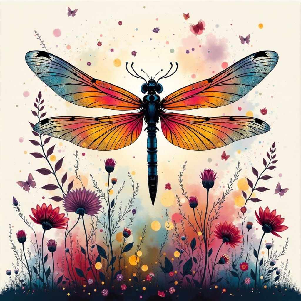 <lora:Weird:1.0> Digital fantasy double exposure watercolor silhouetted stunning dragonfly flowers Geometric forms in the background, by Wat...