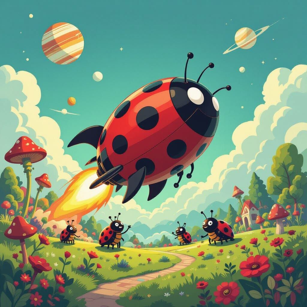 A whimsical rocket ship, shaped like a giant ladybug, lands gently on a colorful, alien planet. The planet ...  by @Prof Chima Obioma Maduako 