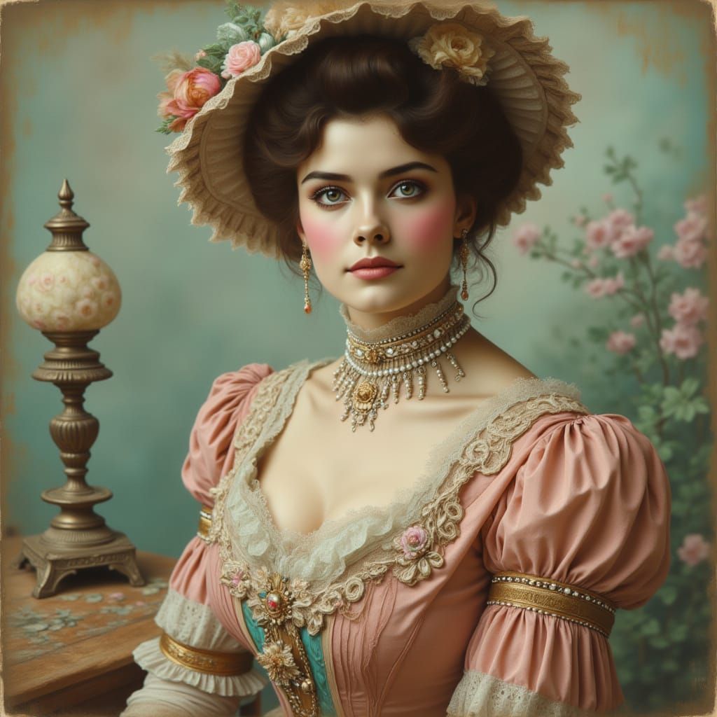 <lora:kak-VictorianMaiden:1.0>A gorgeous portrait of a Victorian Gibson woman with Edwardian, Victorian Gibson clothing, colorized vintage p...