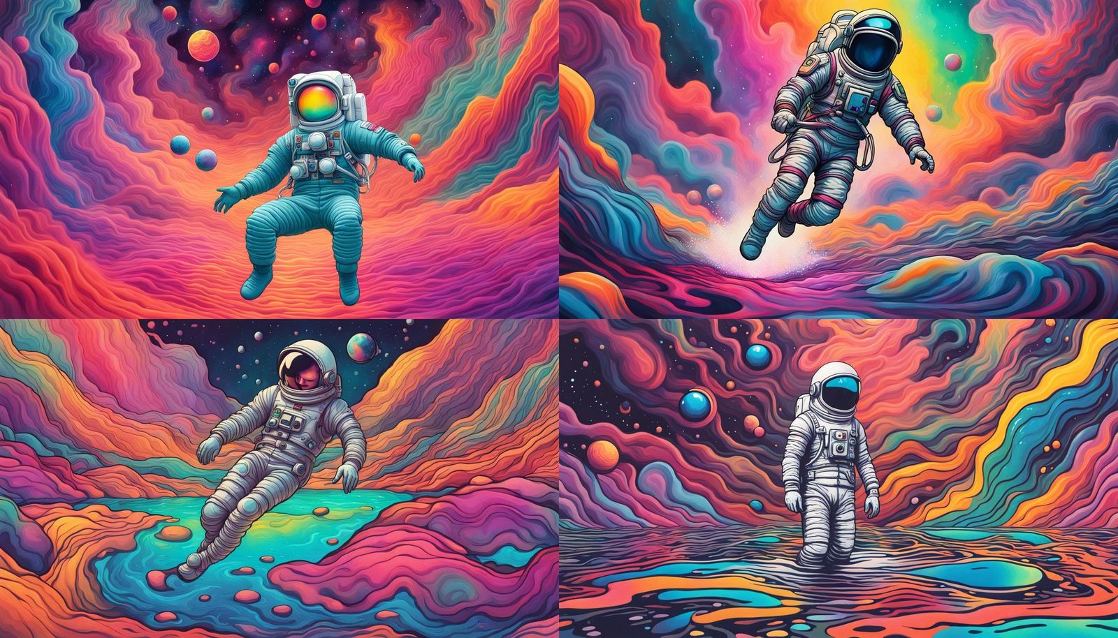 Spaceman floating down a river of trippy colored water