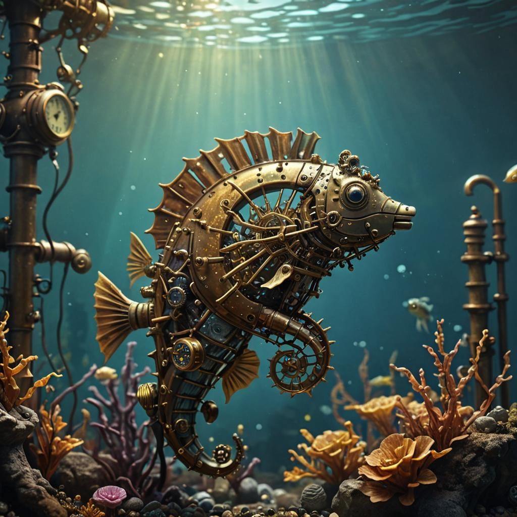 Antiquated seahorse aquarium in a steampunk style with guppi...