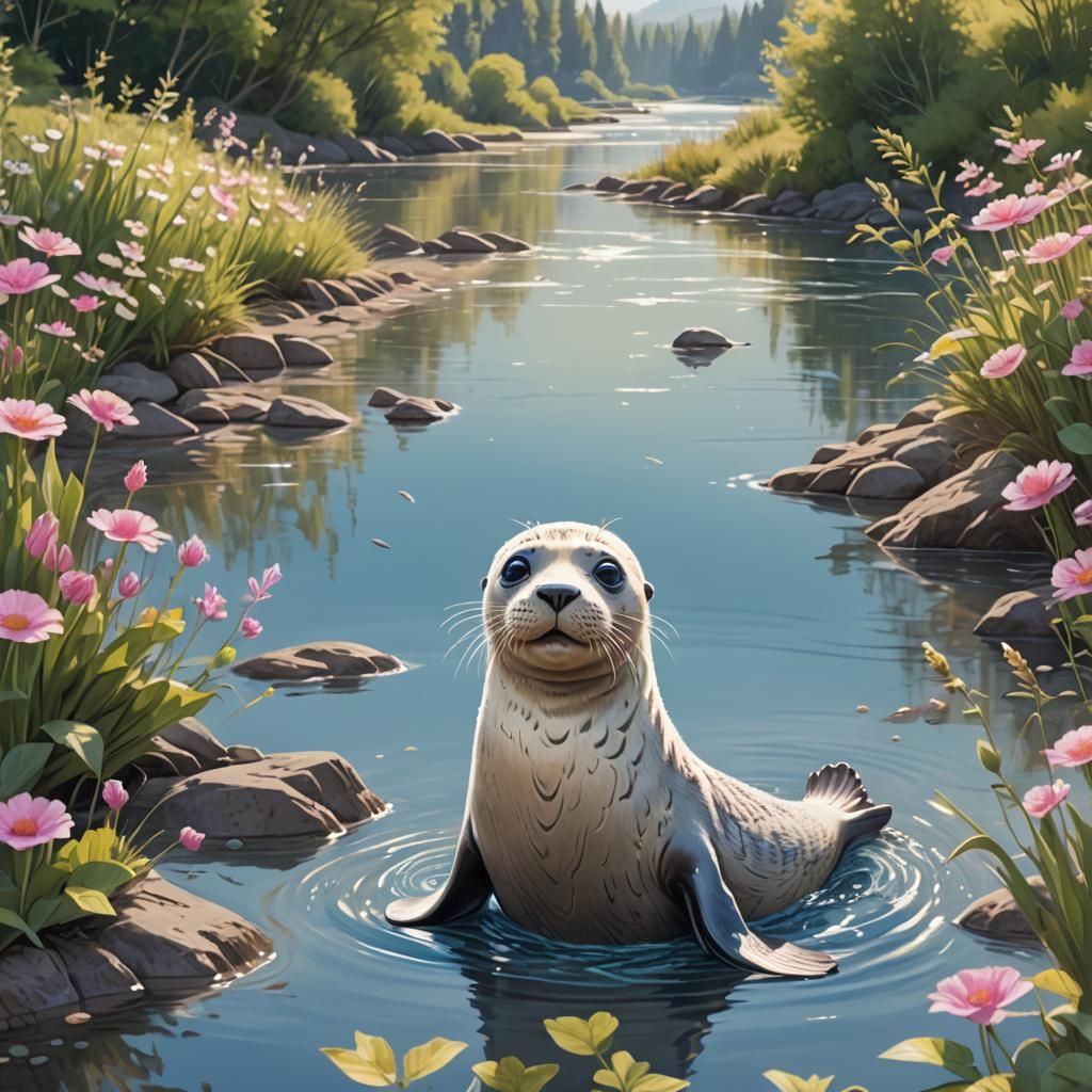 A small seal with a pink nose stands in a shore of the river...