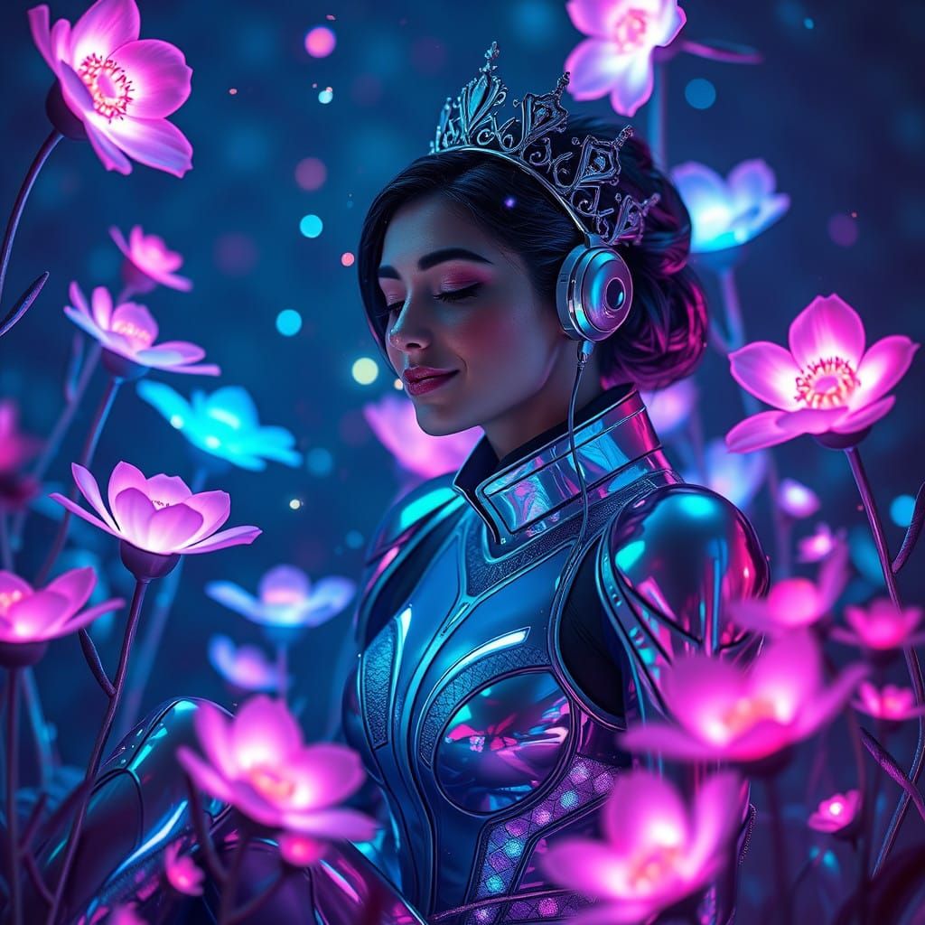 night background, fluorescent colorful space flowers, dragonfly queen woman with demobaza suit, sitting