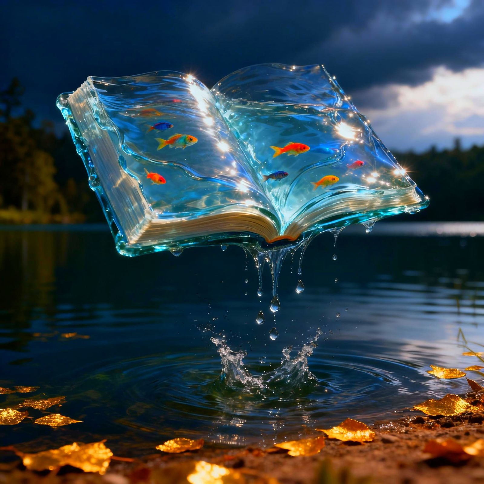 Water Book with Fish Floating Above Lake