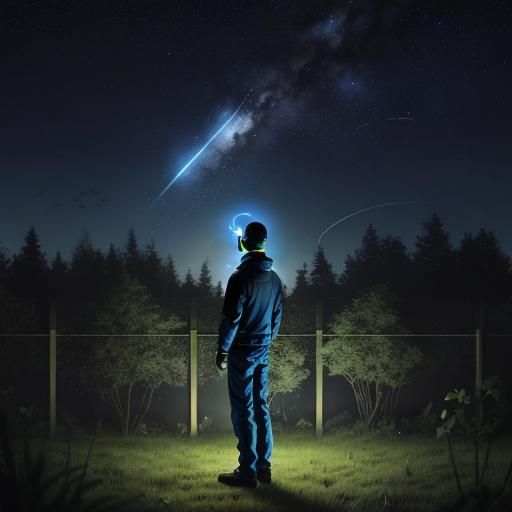 Man standing in his fenced in back yard looking up at the st...