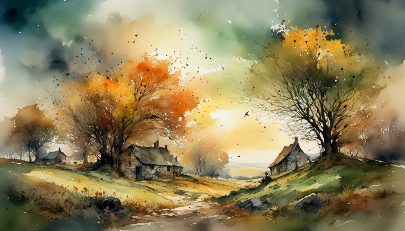 <lora:Watercolor> Welsh countryside village in autumn, beautiful trees and fauna, in the style of Emile ...  by @Declo Dee