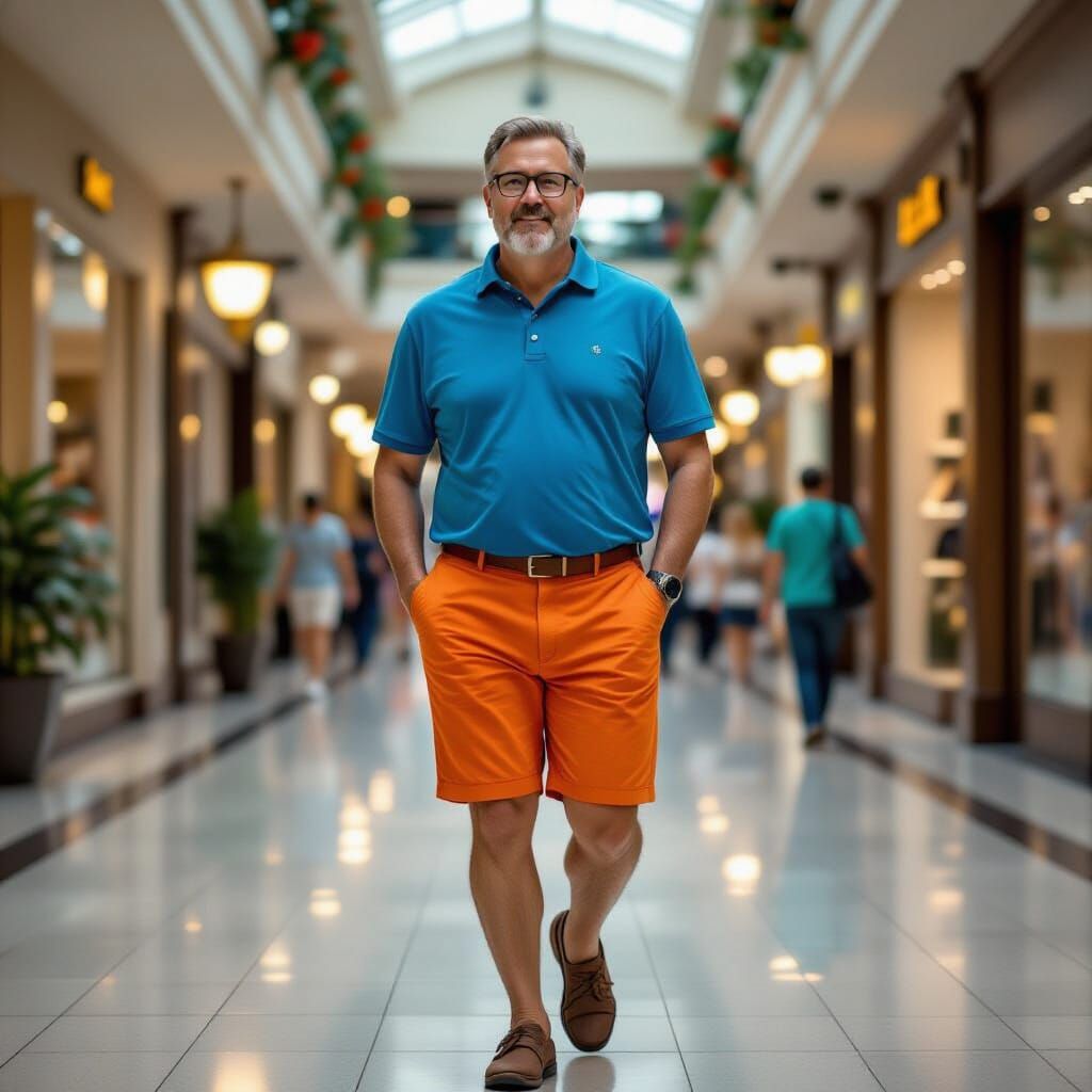 Man in Orange Shorts and Blue Polo at Mall