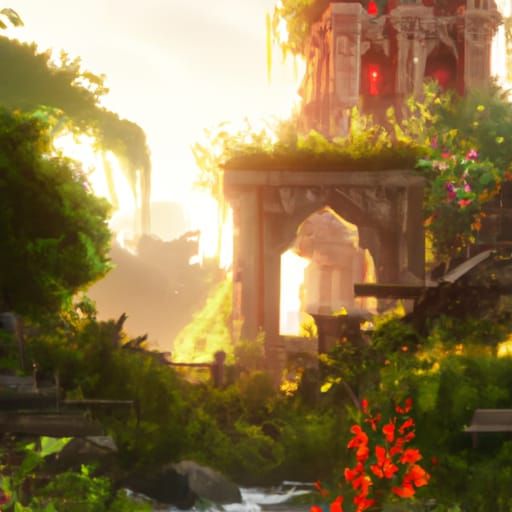 Ancient ruins in the jungle overgrown valley sunset