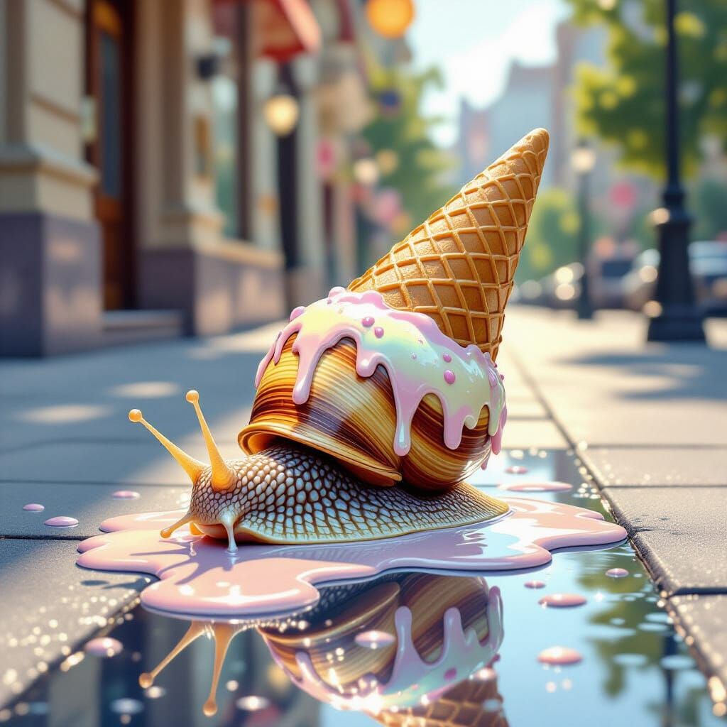 For today's challenge, create a surreal image of a snail with a melting ice cream cone shell, slowly ...  by @AI