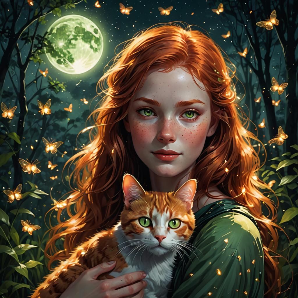 A young redhead girl with her cat surrounded by flickering fireflies ...