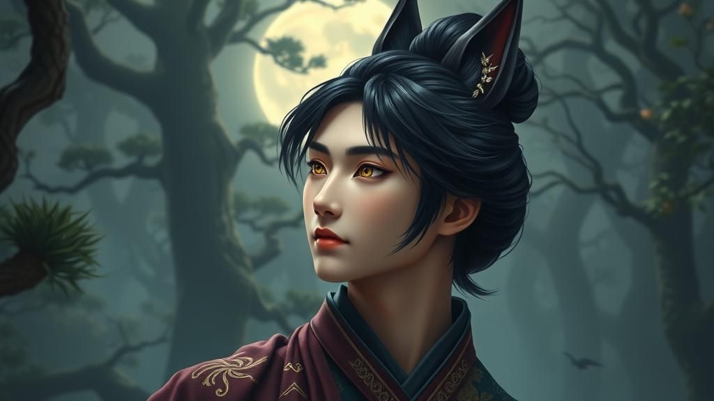 Portrait of a young japanese man aged 22-23, circa 1600. He has glossy back hair tied back in a topknot and soft, kind, eyes. He looks like...