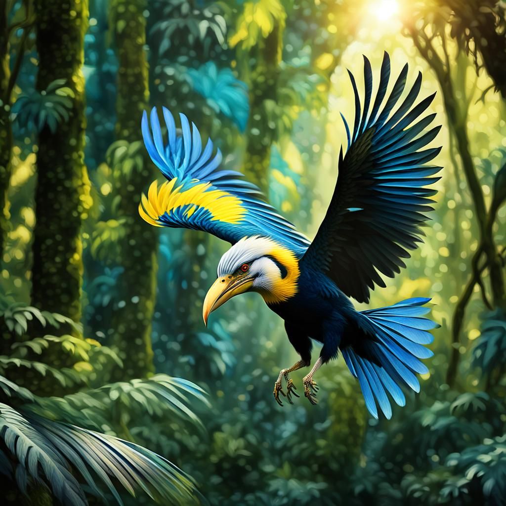 Hornbill bird adorned in yellow and blue plumage