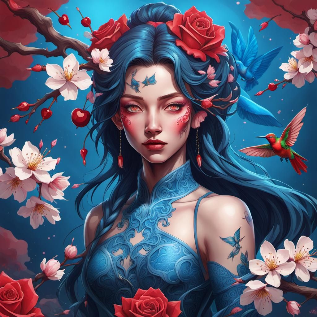 Red rose (full back tattoo with (cherry blossoms, hummingbir...