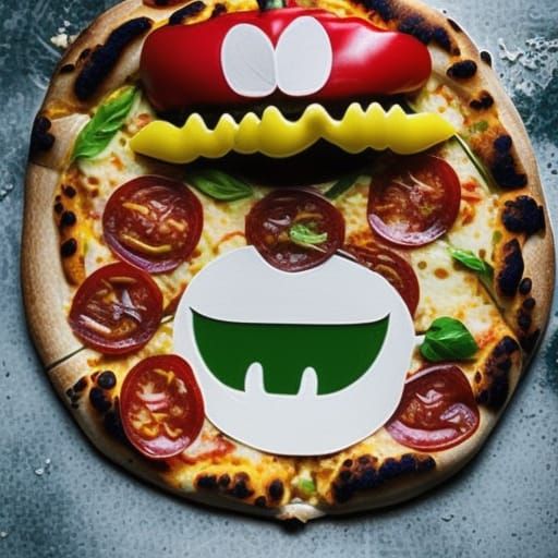 pizza smiling with tomatoes as the lips and white onions as the teeth ...