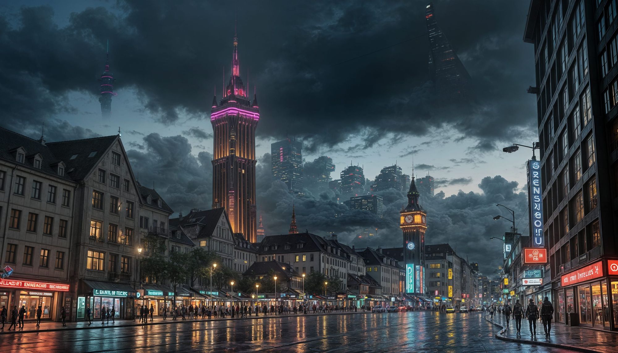 the bank of international settlements known as "the tower of basel" in a cyber-punk lighting setting like the shadowrun universe cyberpunk 