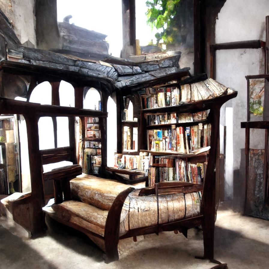 Old library, dark wood, spiral staircase, dusty books, warm ...
