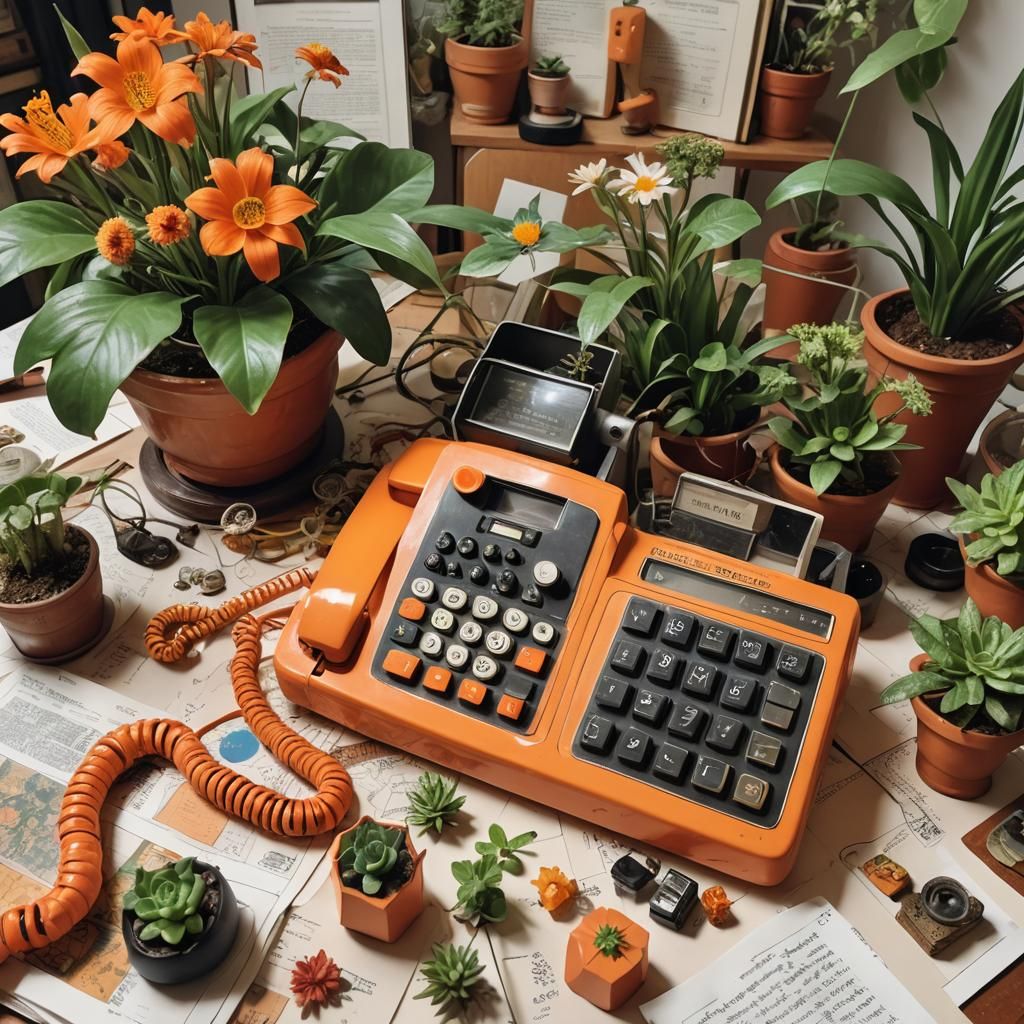 An old orange plastic phone from the 70s, on the dining tabl...