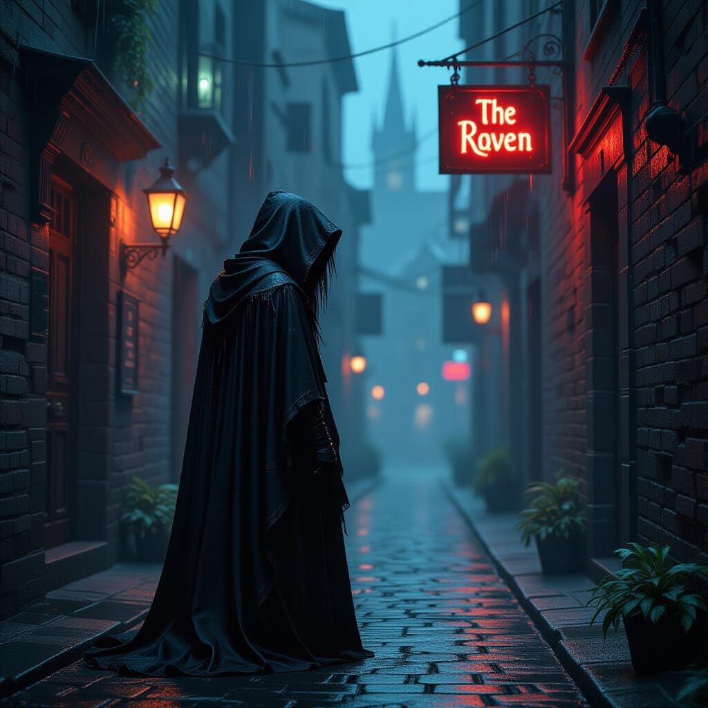 A solitary hooded figure stands in a dimly lit, rain-slicked alleyway, illuminated by the faint glow ...  by @Bruno castilho