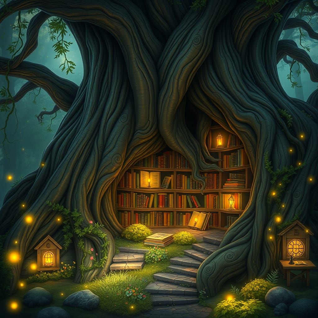 "A library inside a giant tree, magical glowing books, fantasy setting, 8K"

