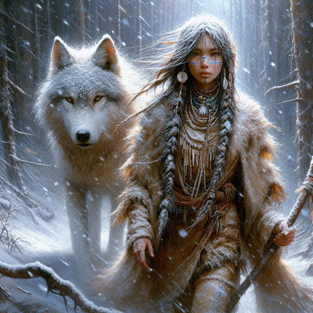 native american woman and wolf