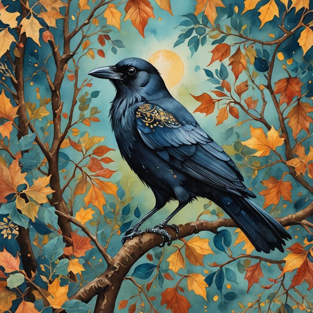 <lora:folklore:1.0> <lora:Swirling Leaves:1.0> <lora:Autumn:1.0> <lora:Moon 2 by Znarf:1.0> Close up side view of majestic, collaged crow si...