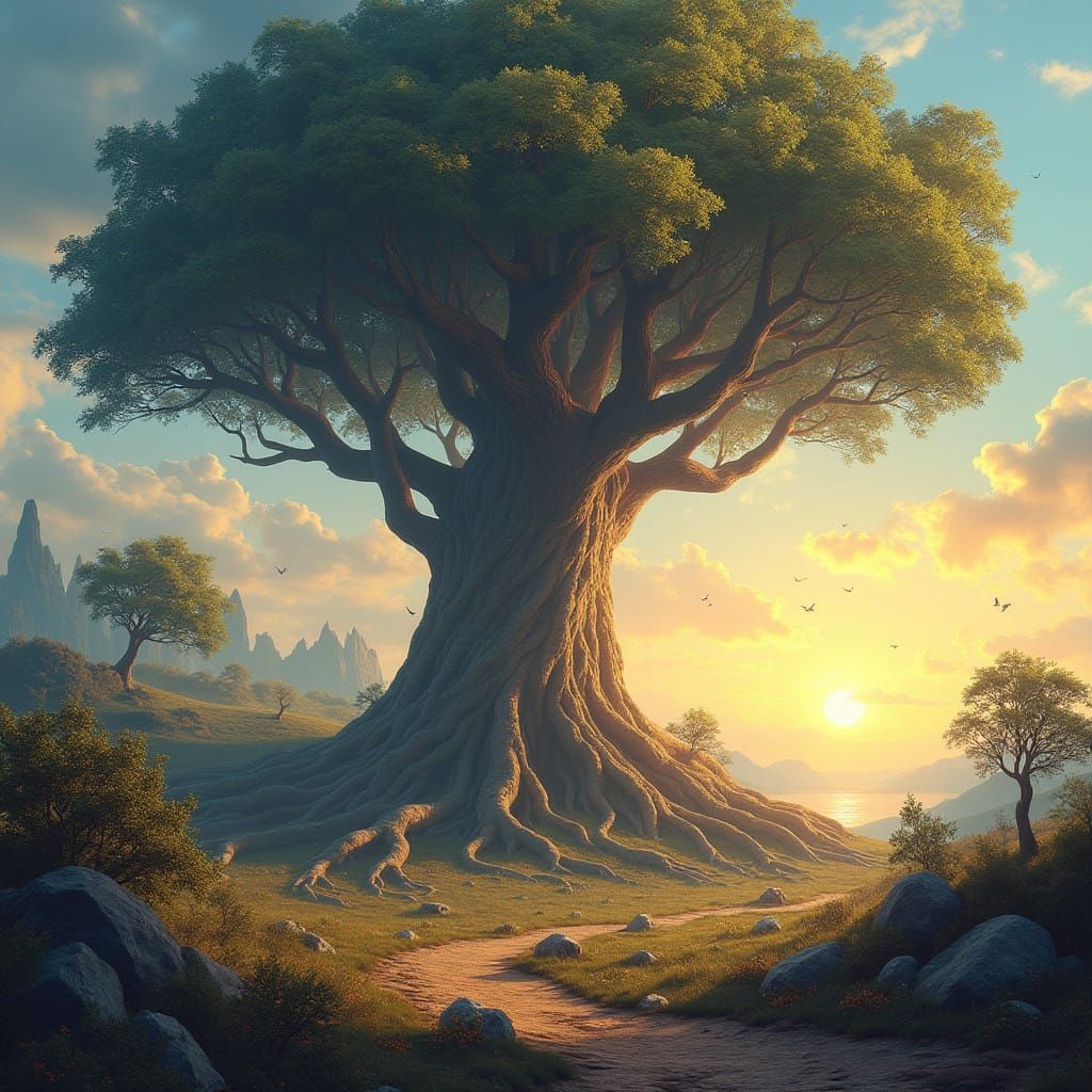 Mystical Tree Eternal Amidst Whirling Storms