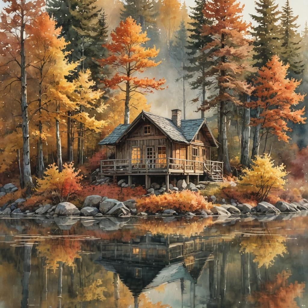 Autumn Cabin on the Lake  by @Topher