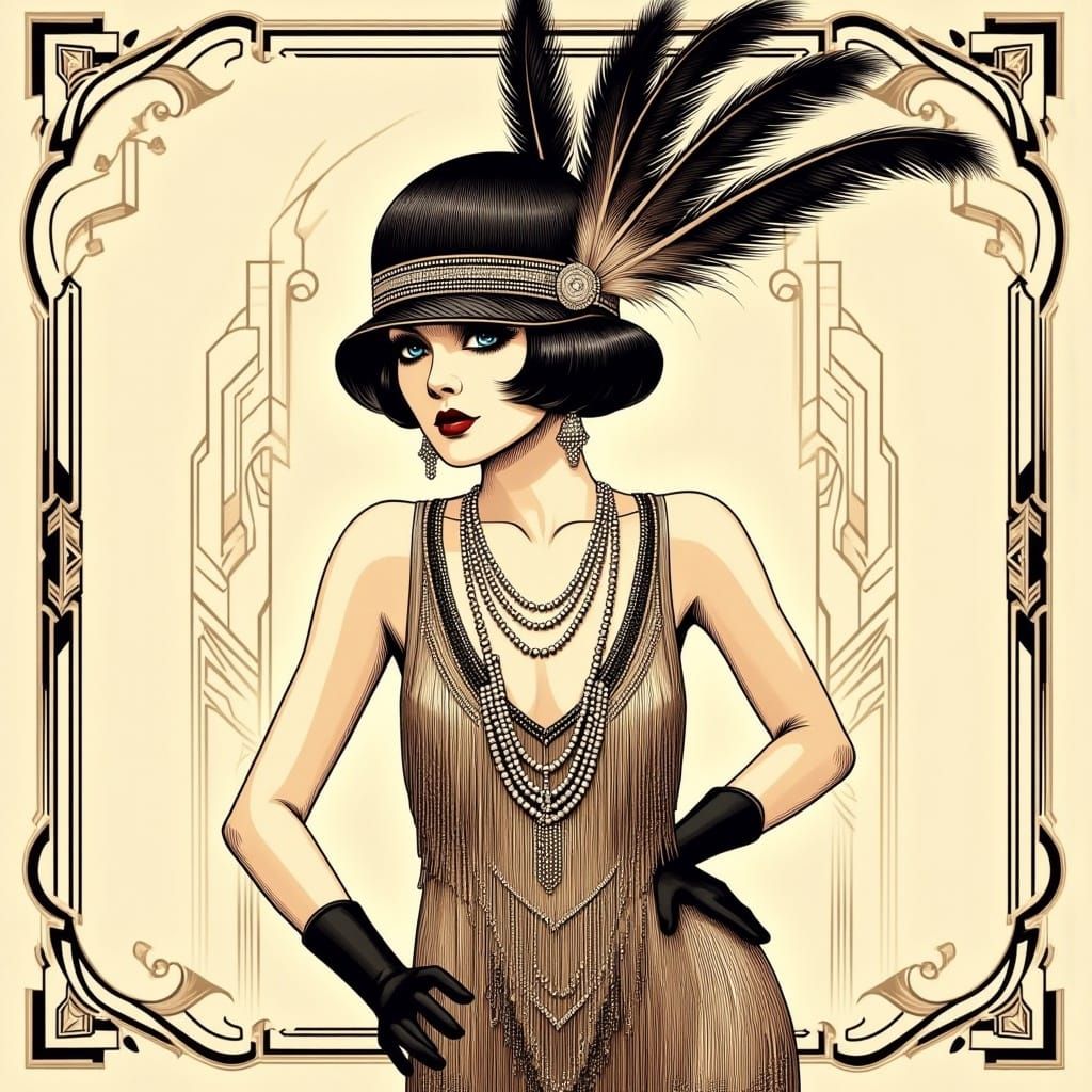 <lora:1920s flapper girls:1.0>Vintage fashion illustration of a 1920s_flapper_girl, art_deco, Gatsby, glamour 