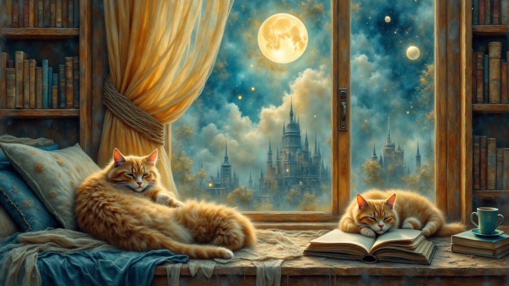 “A whimsical dreamscape uniting four sleeping cats in a single enchanted bedroom window view: foreground fluffy tabby napping cozily in a wa...