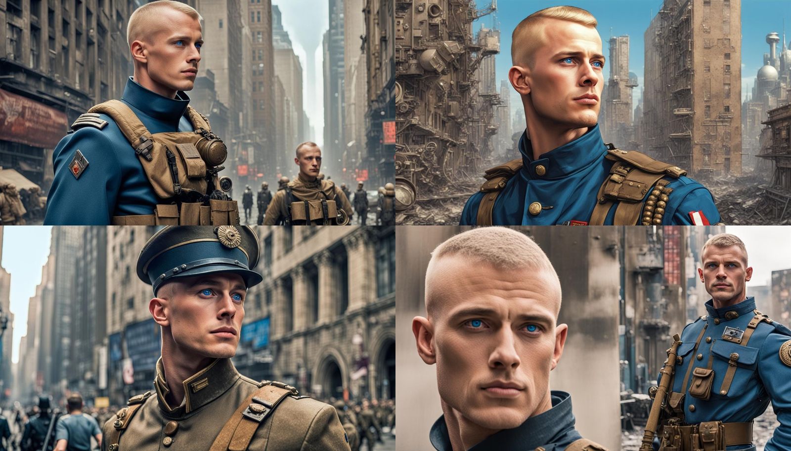Handsome soldier, blonde buzzcut, blue eyes, square jaw, chi...