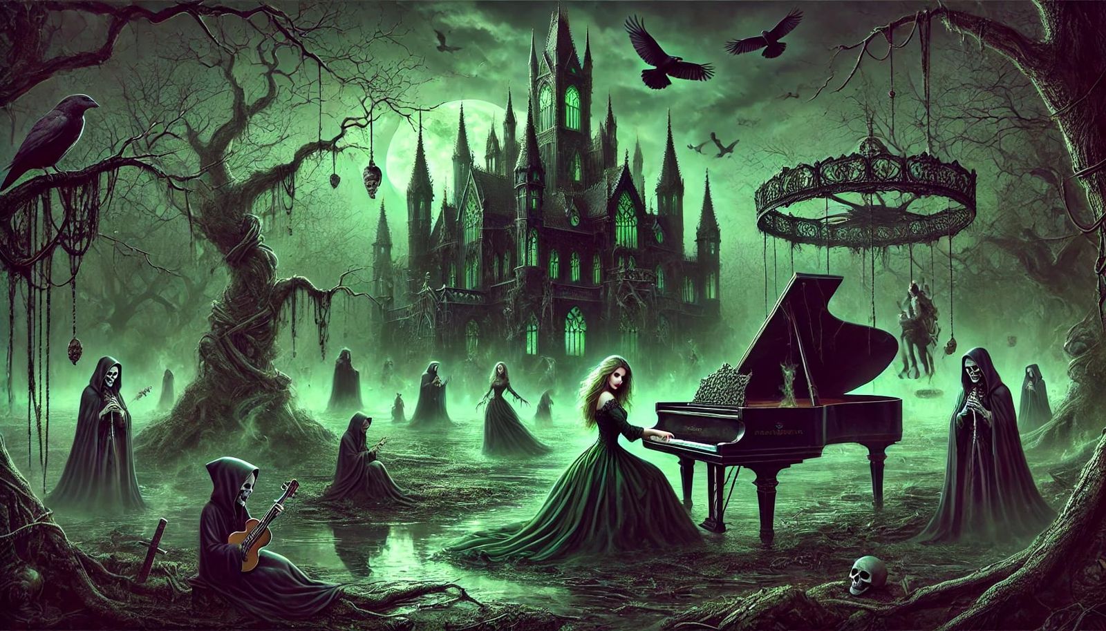 A gothic witch playing a grand piano in front of her dark, ornate manor. The scene is illuminated by a pale moonlight, w...