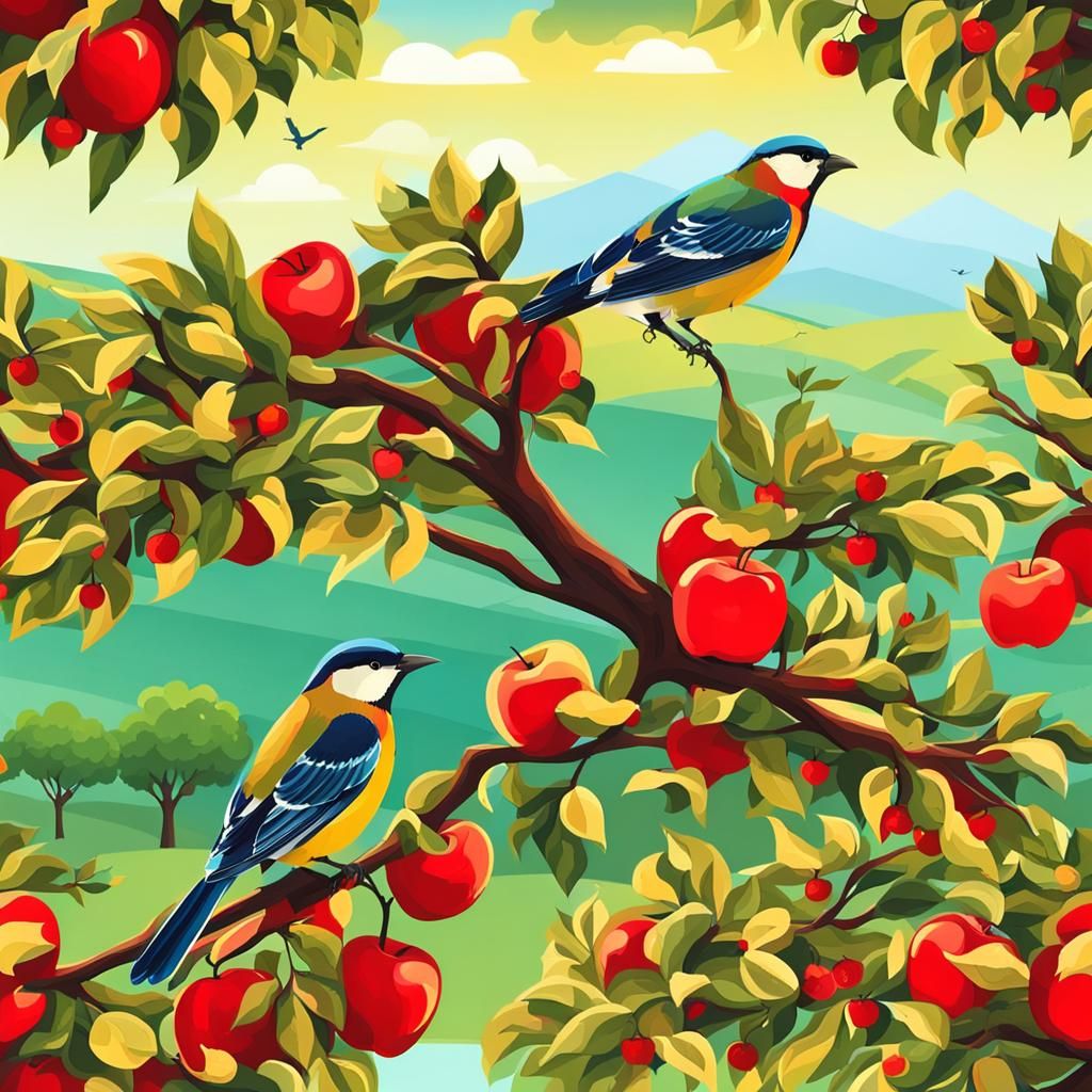 Birds. Apple tree. Sunny day. Amazing landscape.