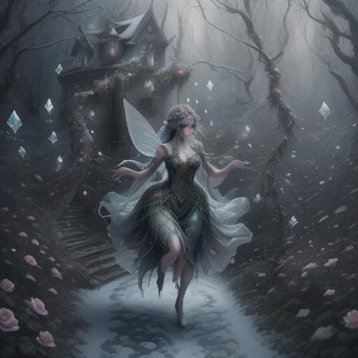 Bulbous fairy girl bouncing along the frosted garden path sweet icy rose wine brought to snow outfit fairy delicate woven icicle vines <lora...