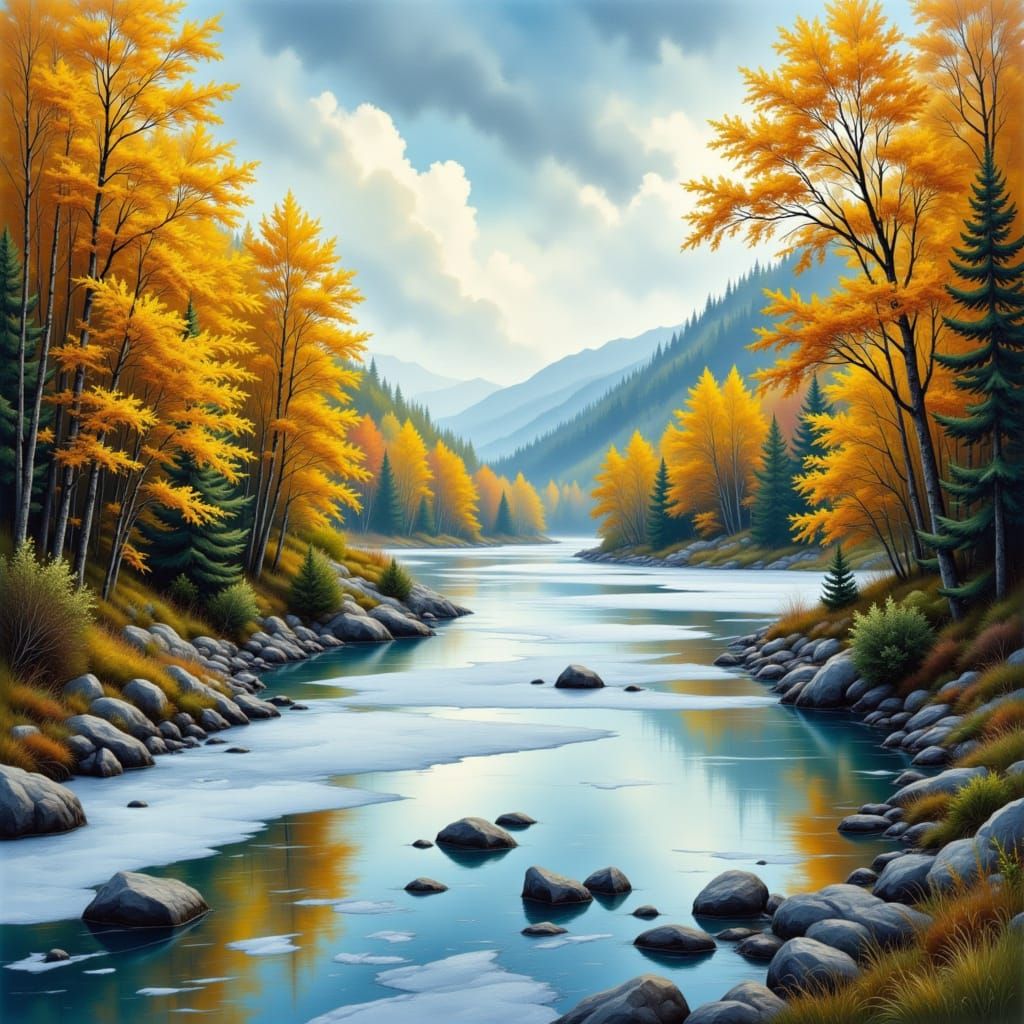 Frozen but clear river. Beautiful trees on the sides, yellow, green and similar leaves. Cloudy blue sky. <lora:ASD123:1.0>