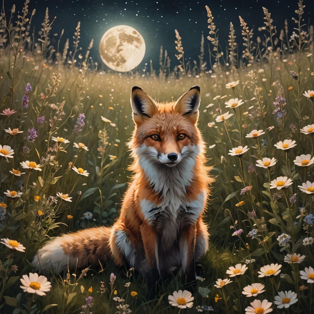 Magical Fox in Moonlit Wildflower Meadow