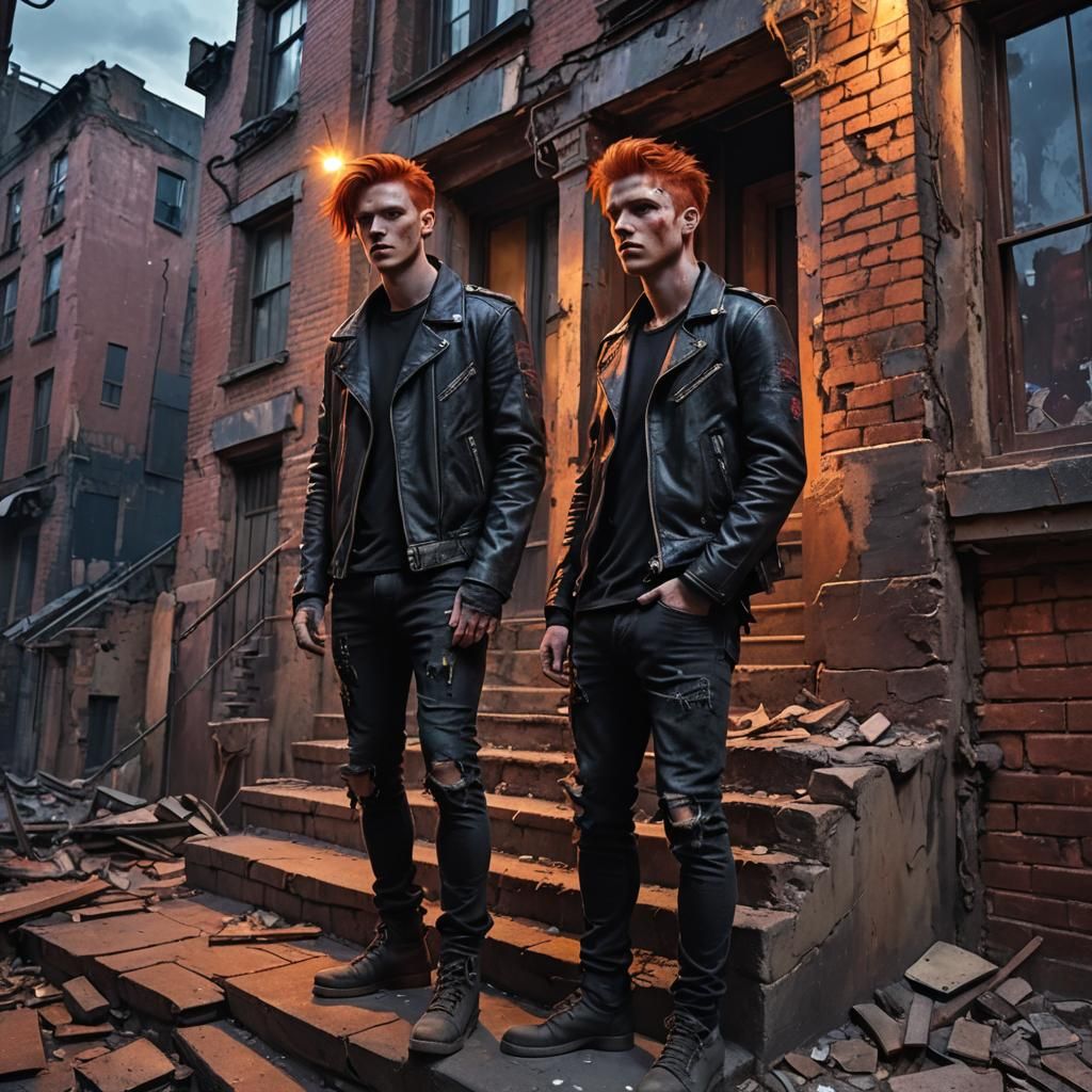 A red haired 20 year old man dressed in biker clothes standi...