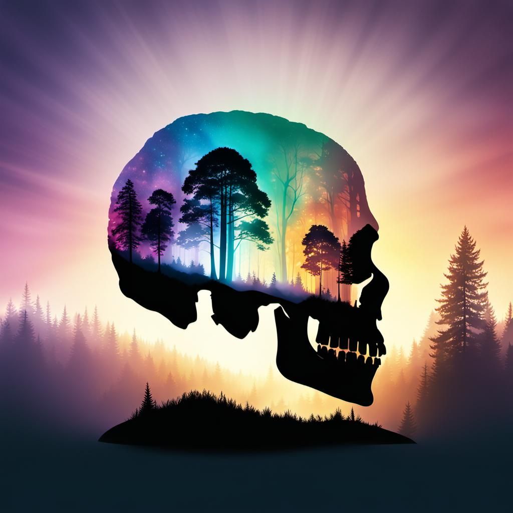 a double exposure image featuring a silhouette of a human sk...