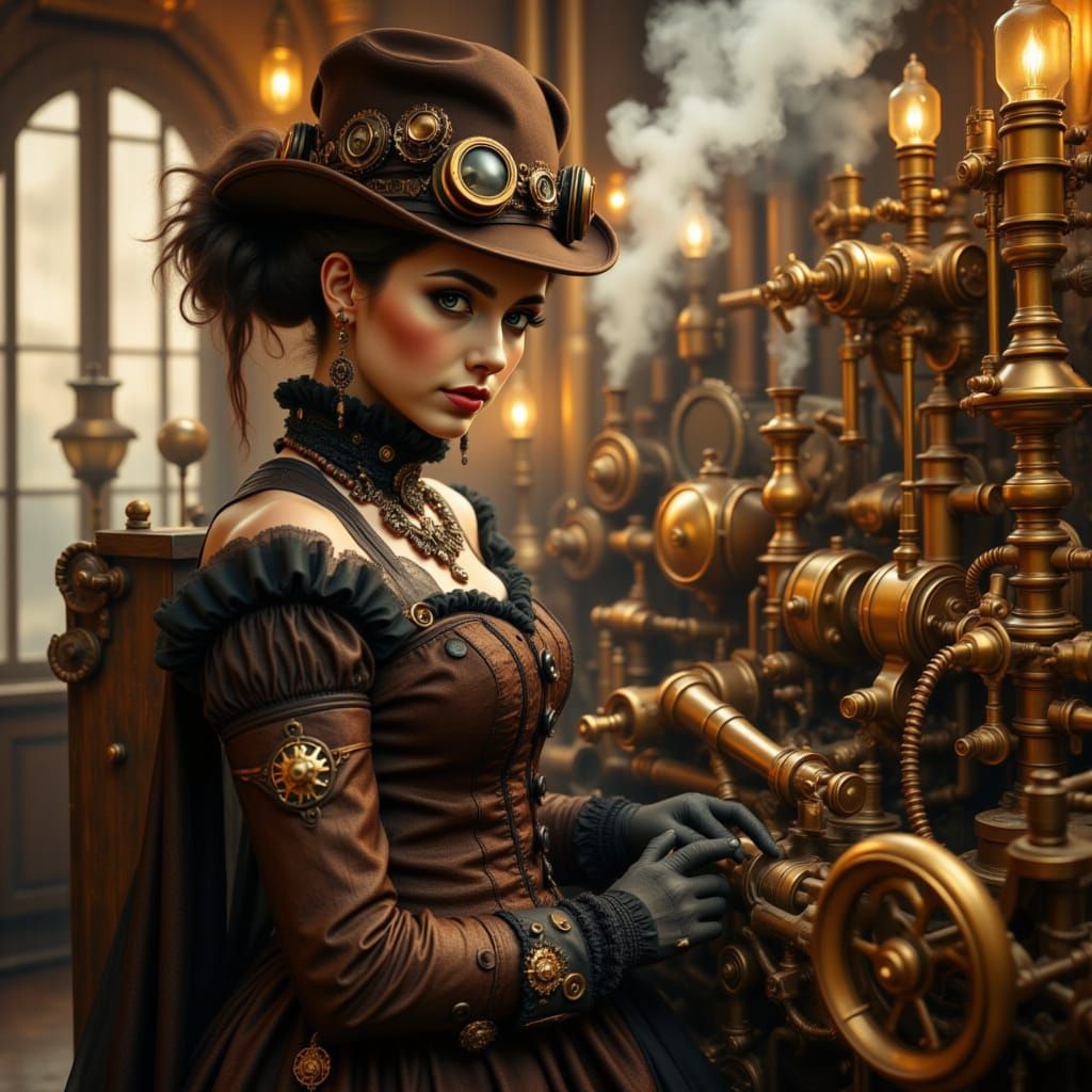 Steampunk Inventor in Victorian Workshop with Steam Engine