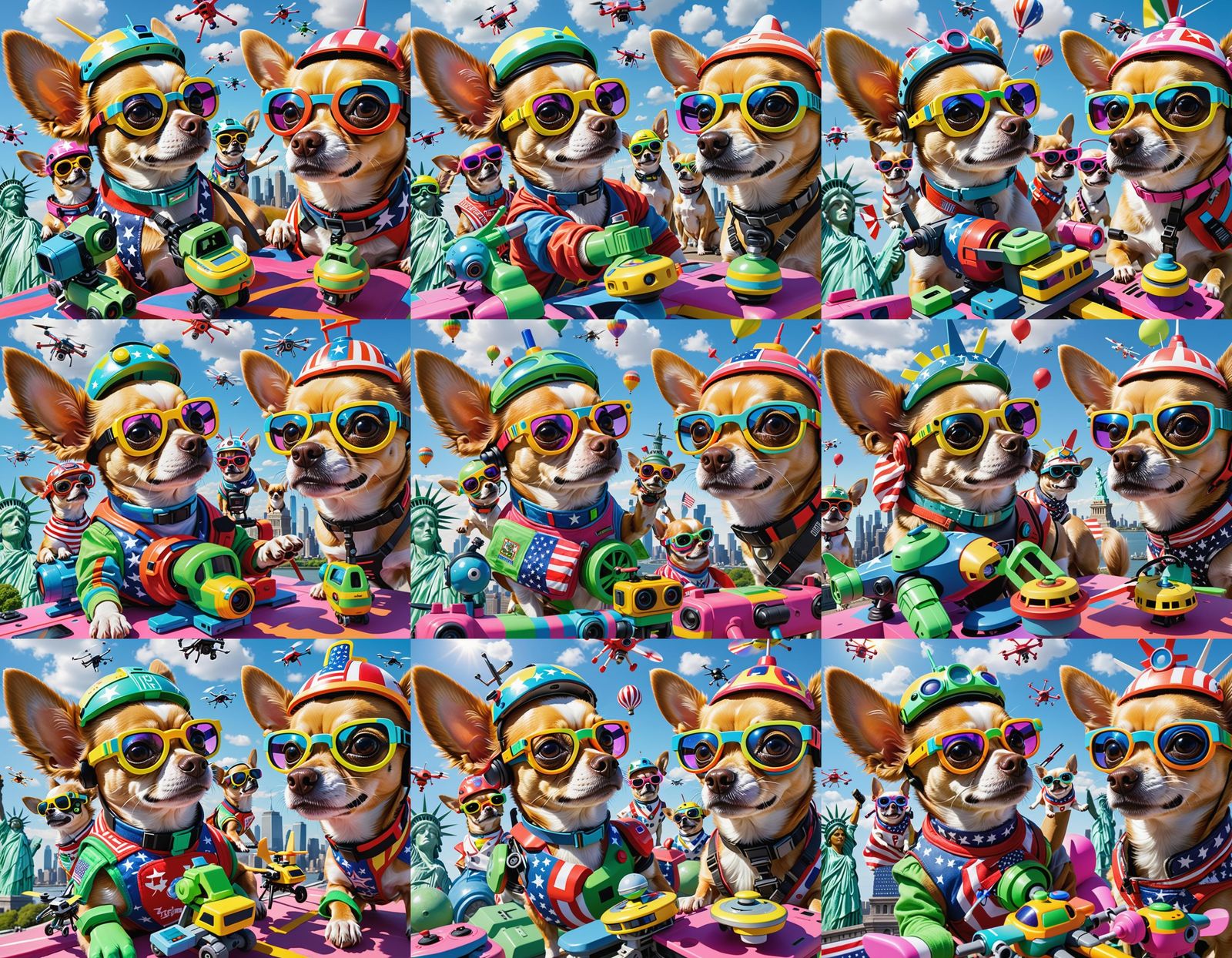 3 Chihuahua dogs flying drone type aircraft, made in Mexico, chuhuahua Pilots with glasses and helmet, Visual Artist fra...
